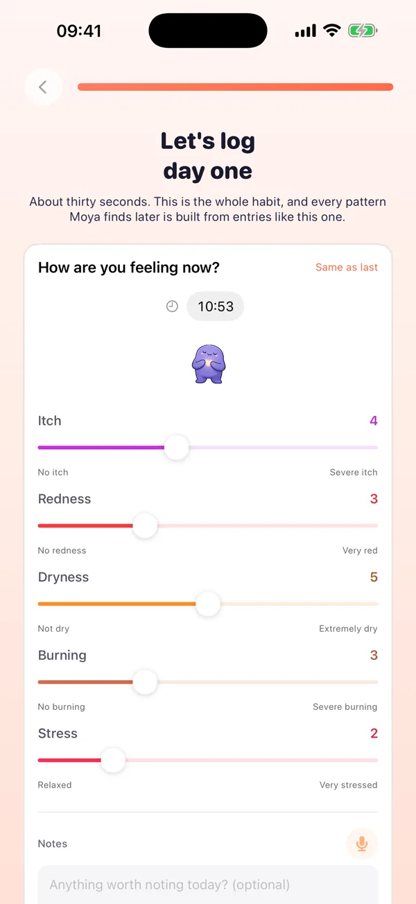 Moya app: Log your day in 30 seconds.
